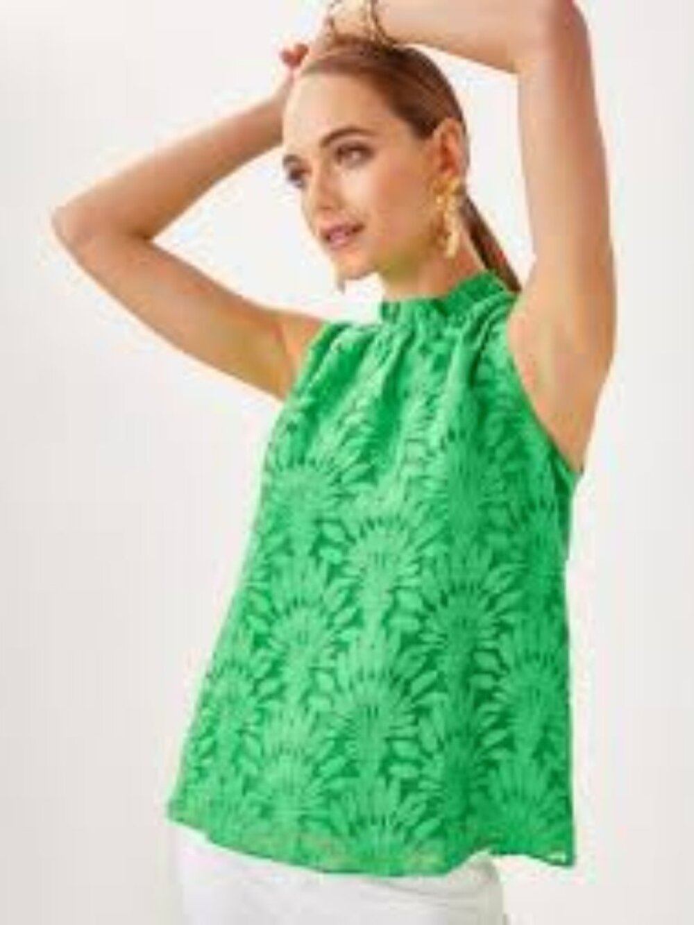 Lilly Pulitzer Tolya Top L Fauna Green Palm Textured Sleeveless Blouse